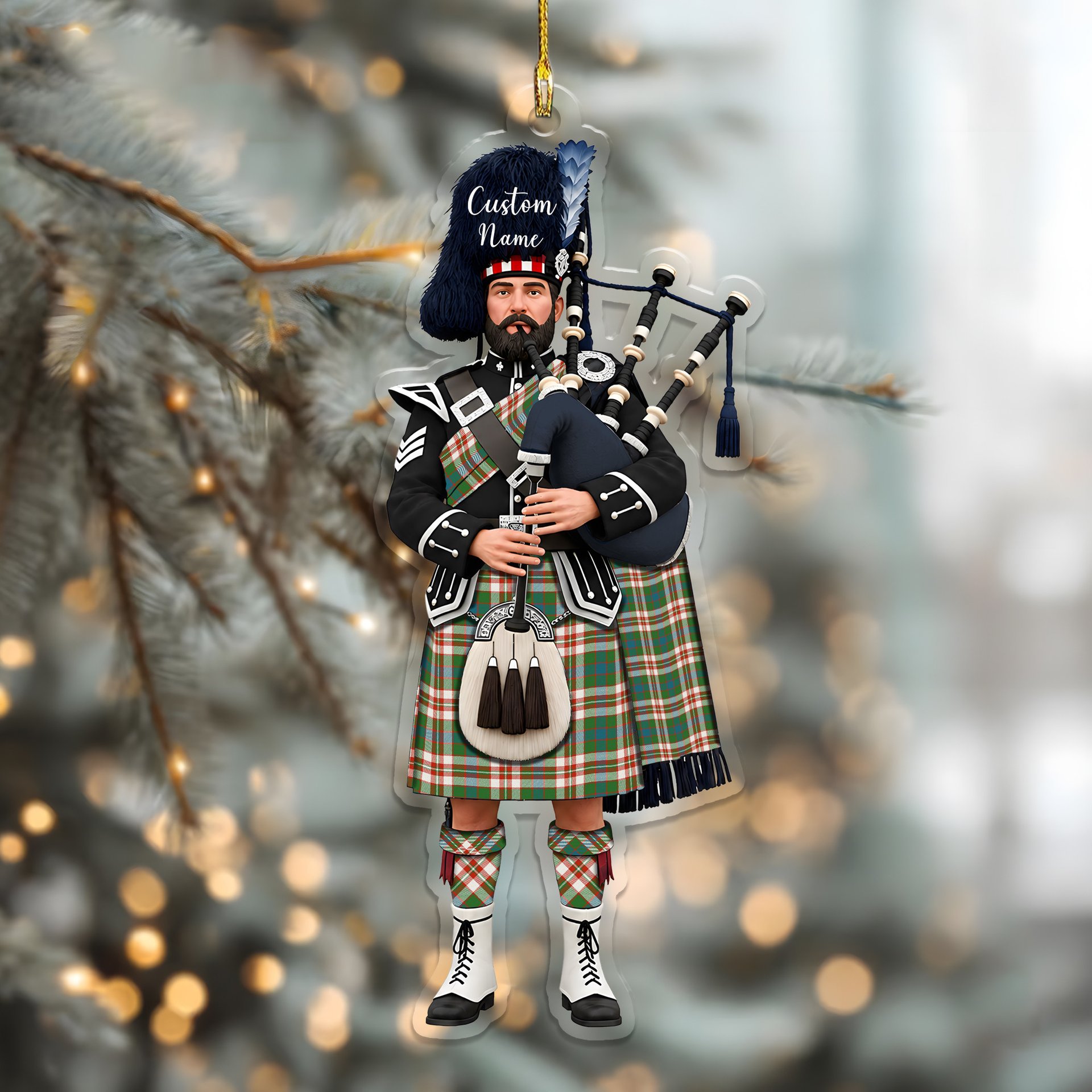Scottish Robertson Dress Ancient Tartan Bagpipe Personalized Christmas Ornament