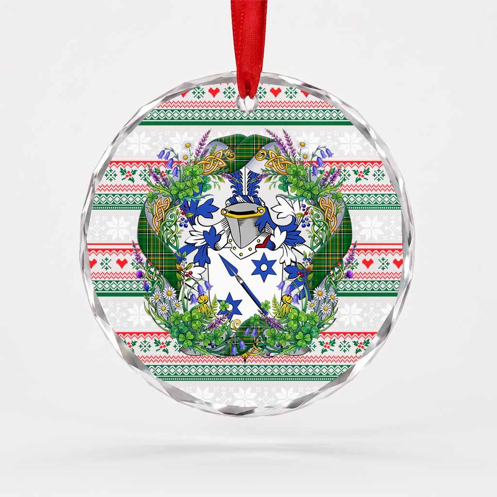 Auchmuty Irish Tartan Crest Christmas Glass Circle Ornament Shamrock Flowers Wreath