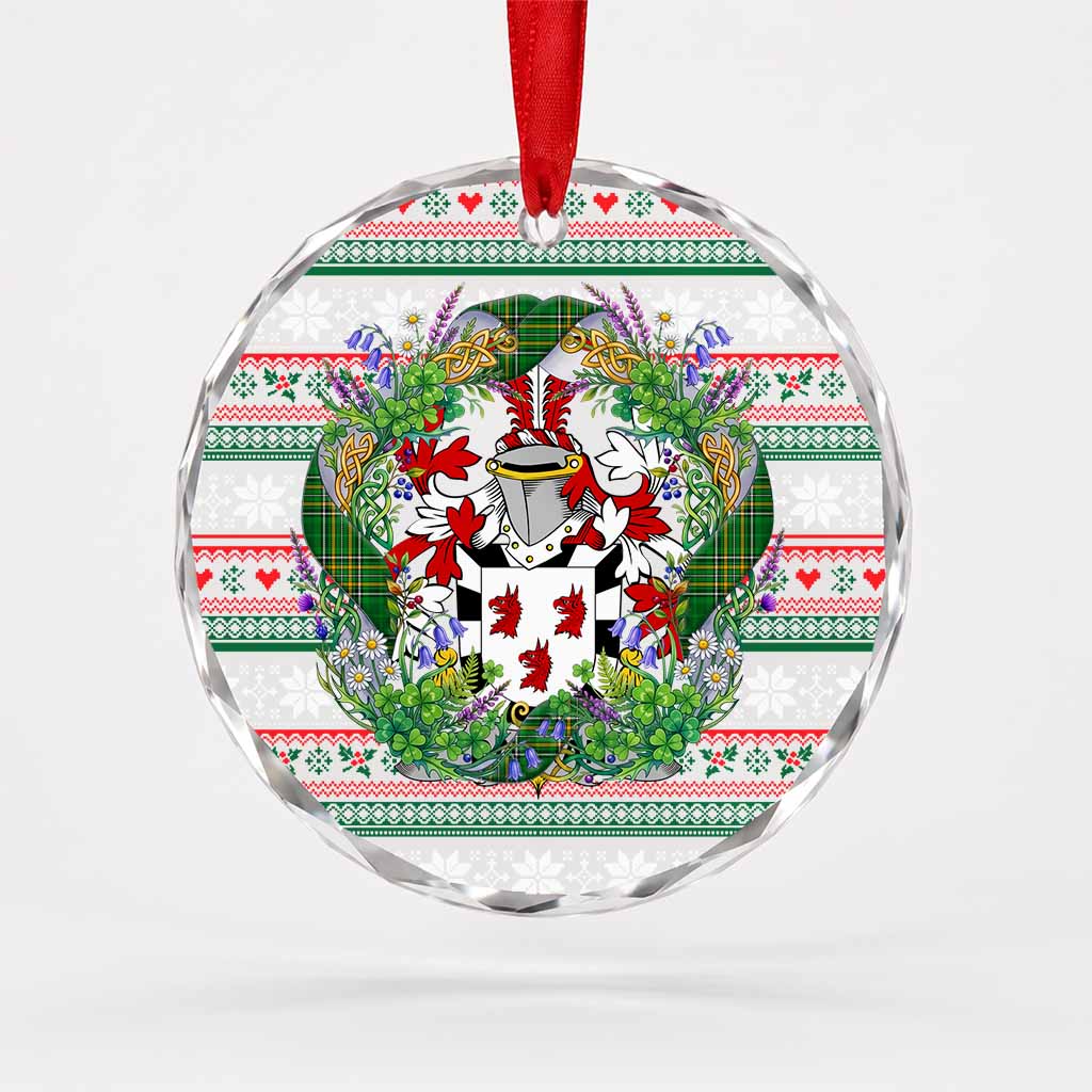 Barran Irish Tartan Crest Christmas Glass Circle Ornament Shamrock Flowers Wreath