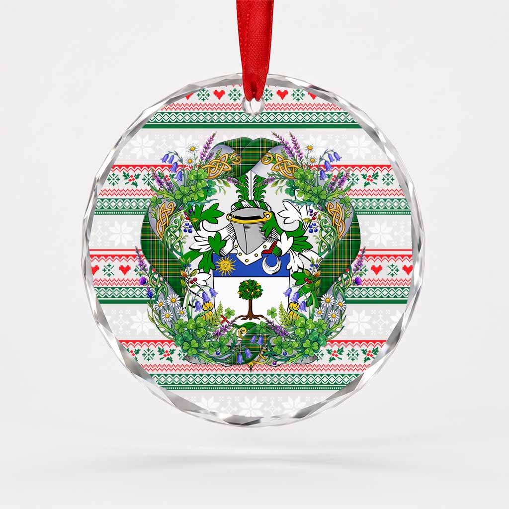 Beirne Irish Tartan Crest Christmas Glass Circle Ornament Shamrock Flowers Wreath