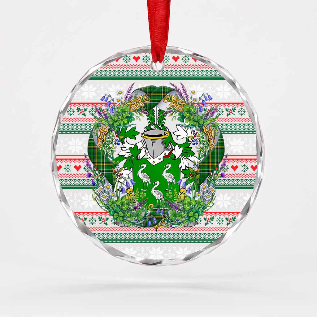 Aherne Irish Tartan Crest Christmas Glass Circle Ornament Shamrock Flowers Wreath