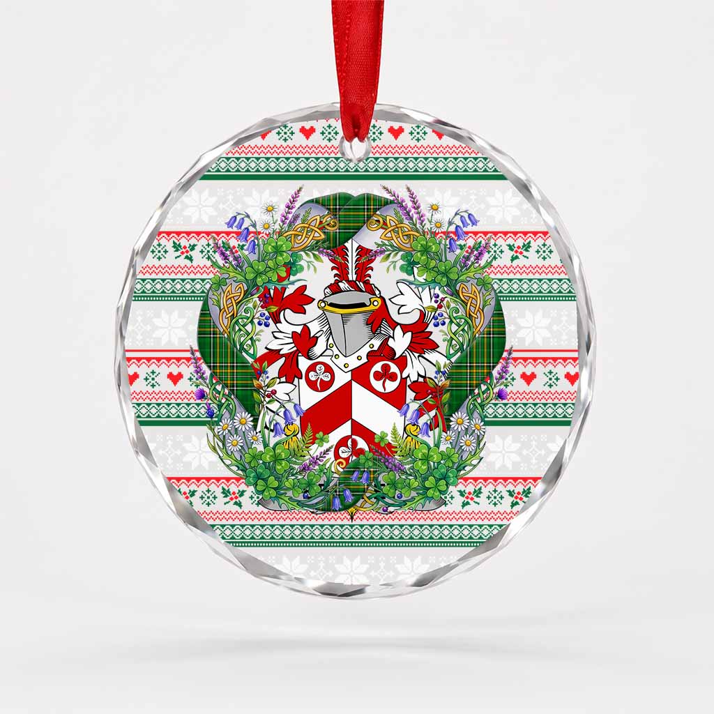 Beasley Irish Tartan Crest Christmas Glass Circle Ornament Shamrock Flowers Wreath