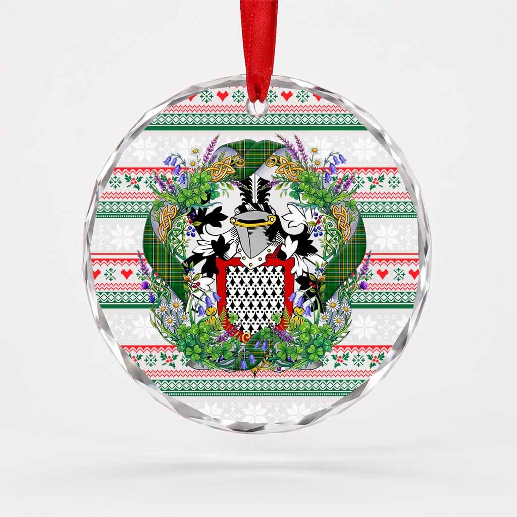 Barnewall Irish Tartan Crest Christmas Glass Circle Ornament Shamrock Flowers Wreath