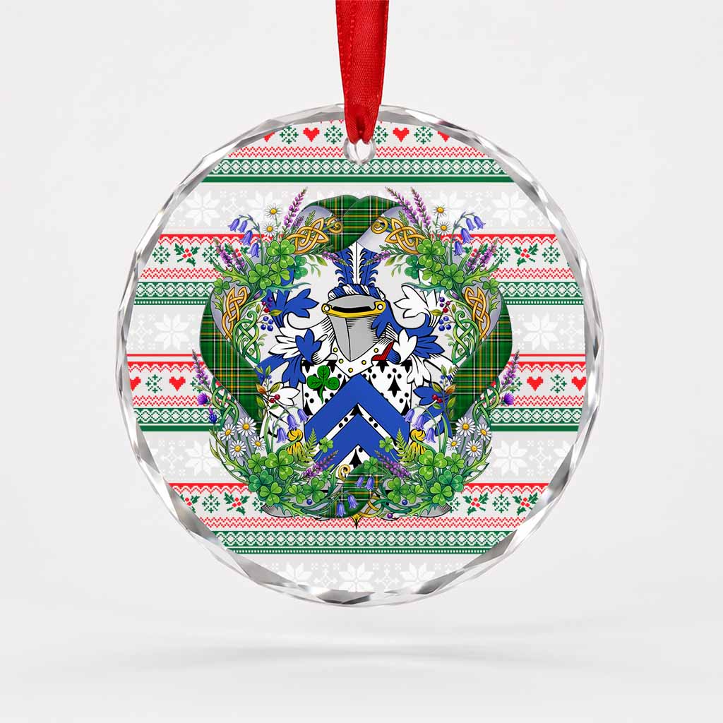 Bagot Irish Tartan Crest Christmas Glass Circle Ornament Shamrock Flowers Wreath