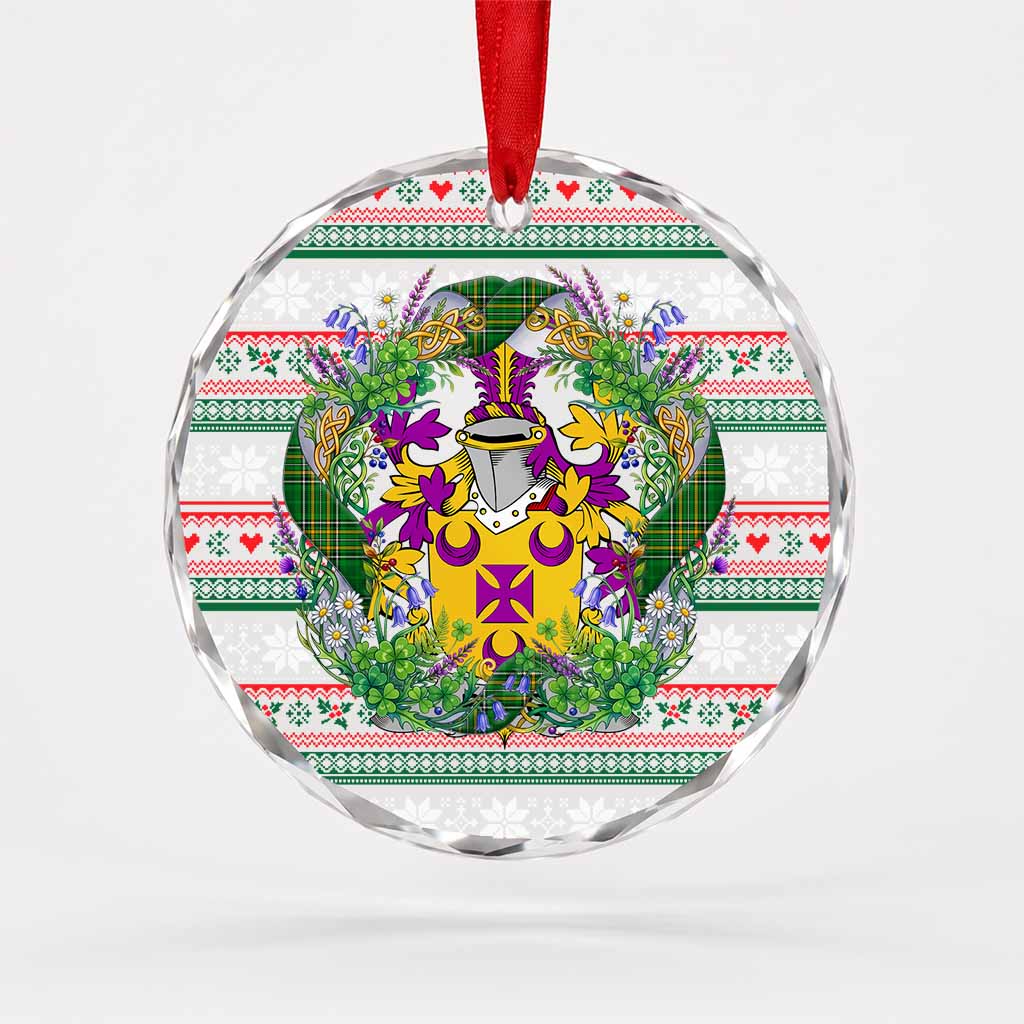 Begg Irish Tartan Crest Christmas Glass Circle Ornament Shamrock Flowers Wreath