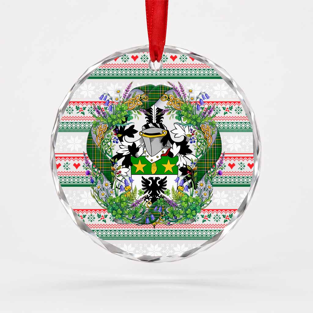 Acheson Irish Tartan Crest Christmas Glass Circle Ornament Shamrock Flowers Wreath