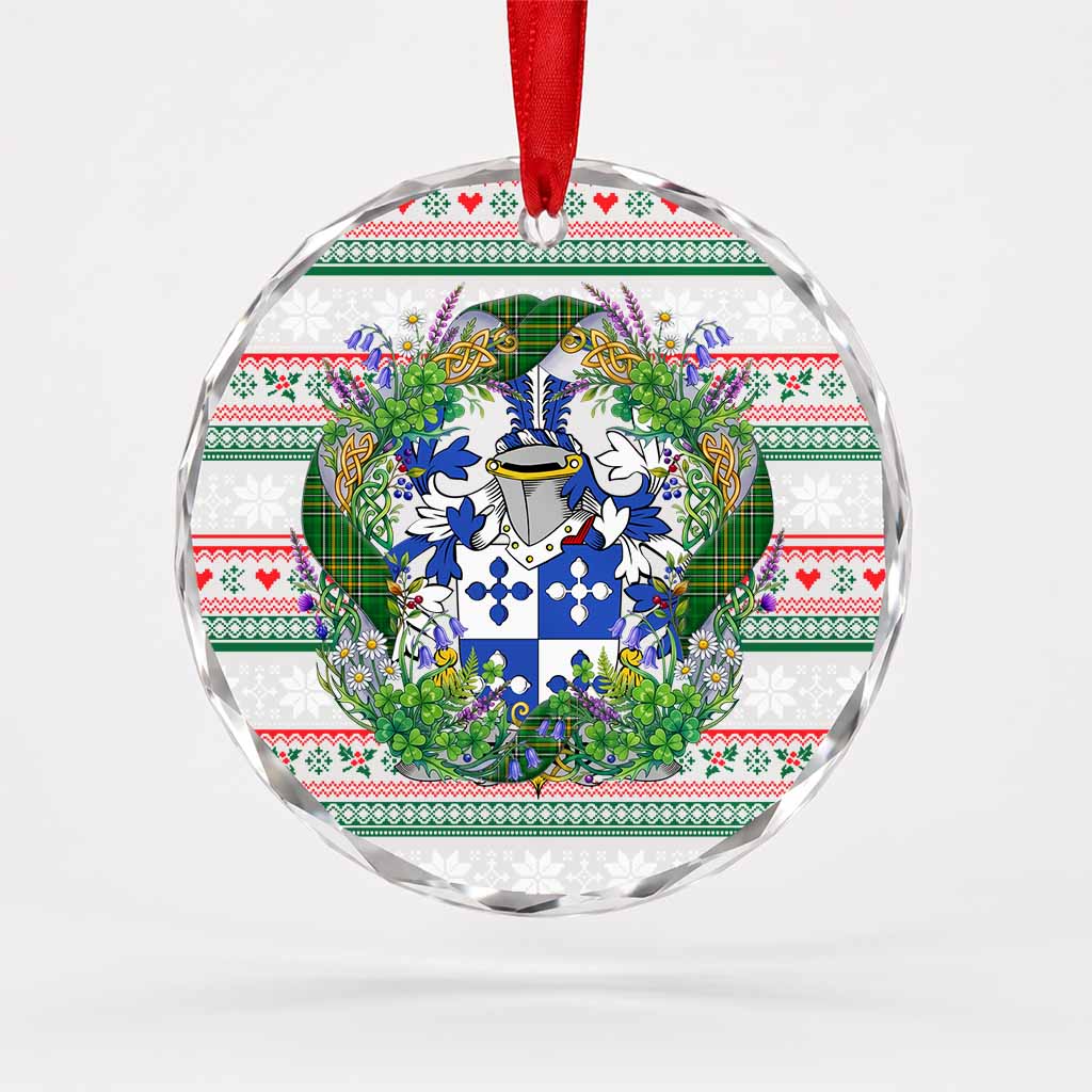 Blood Irish Tartan Crest Christmas Glass Circle Ornament Shamrock Flowers Wreath