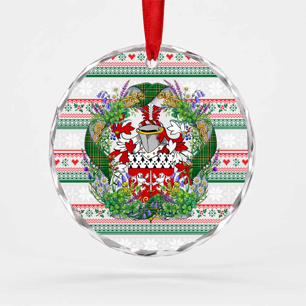 Corcoran Irish Tartan Crest Christmas Glass Circle Ornament Shamrock Flowers Wreath