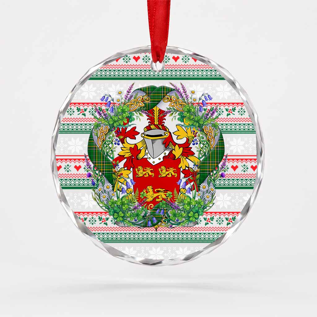 Brien Irish Tartan Crest Christmas Glass Circle Ornament Shamrock Flowers Wreath