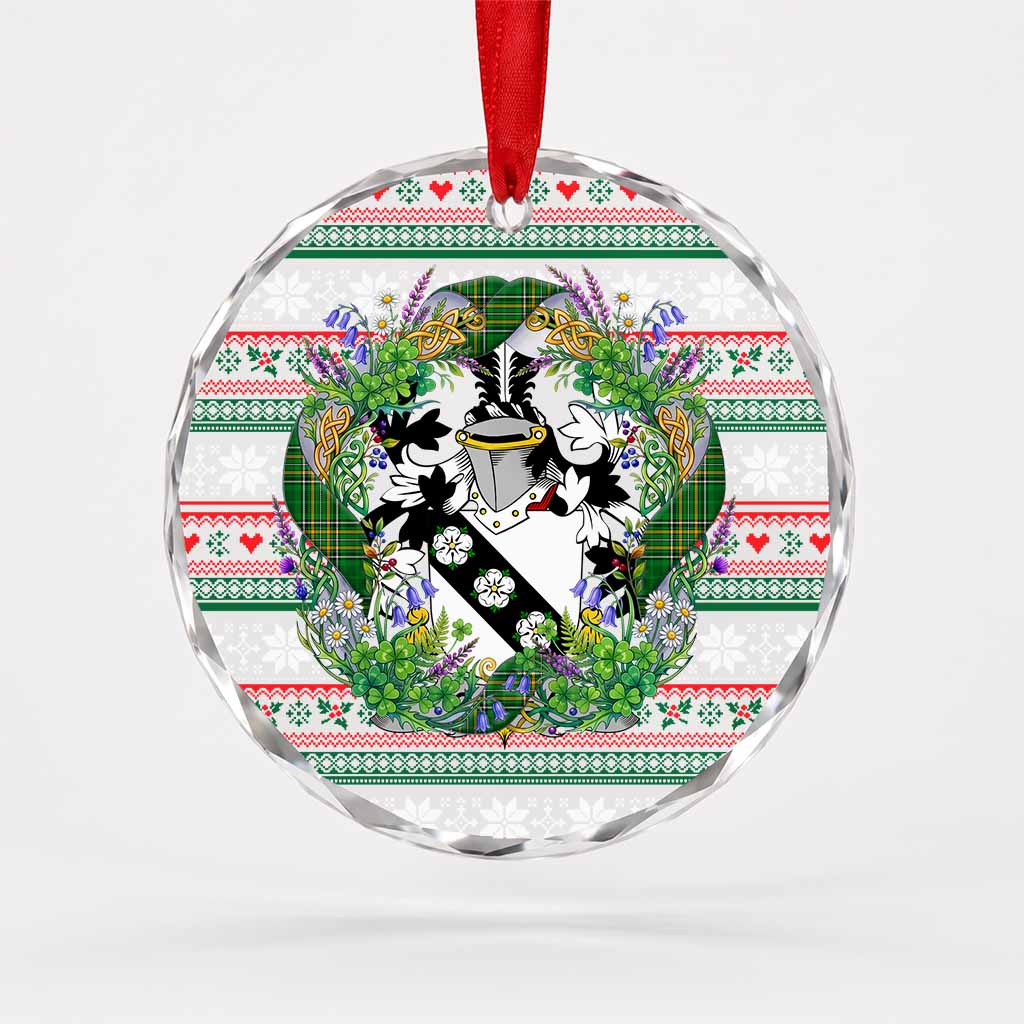 Carey Irish Tartan Crest Christmas Glass Circle Ornament Shamrock Flowers Wreath
