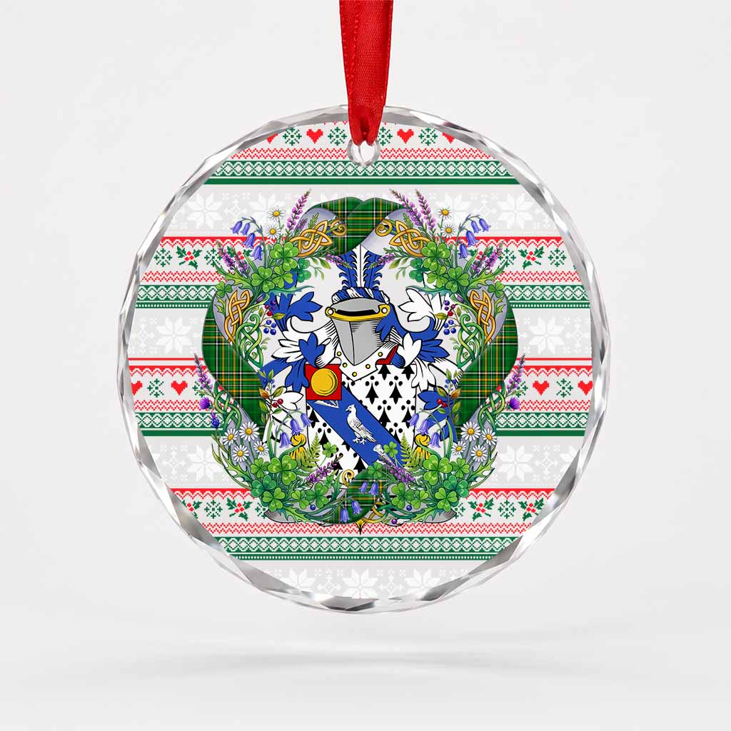 Coyne Irish Tartan Crest Christmas Glass Circle Ornament Shamrock Flowers Wreath