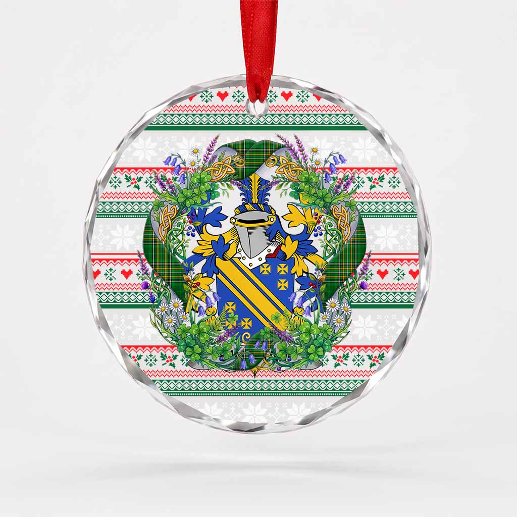 Bingham Irish Tartan Crest Christmas Glass Circle Ornament Shamrock Flowers Wreath