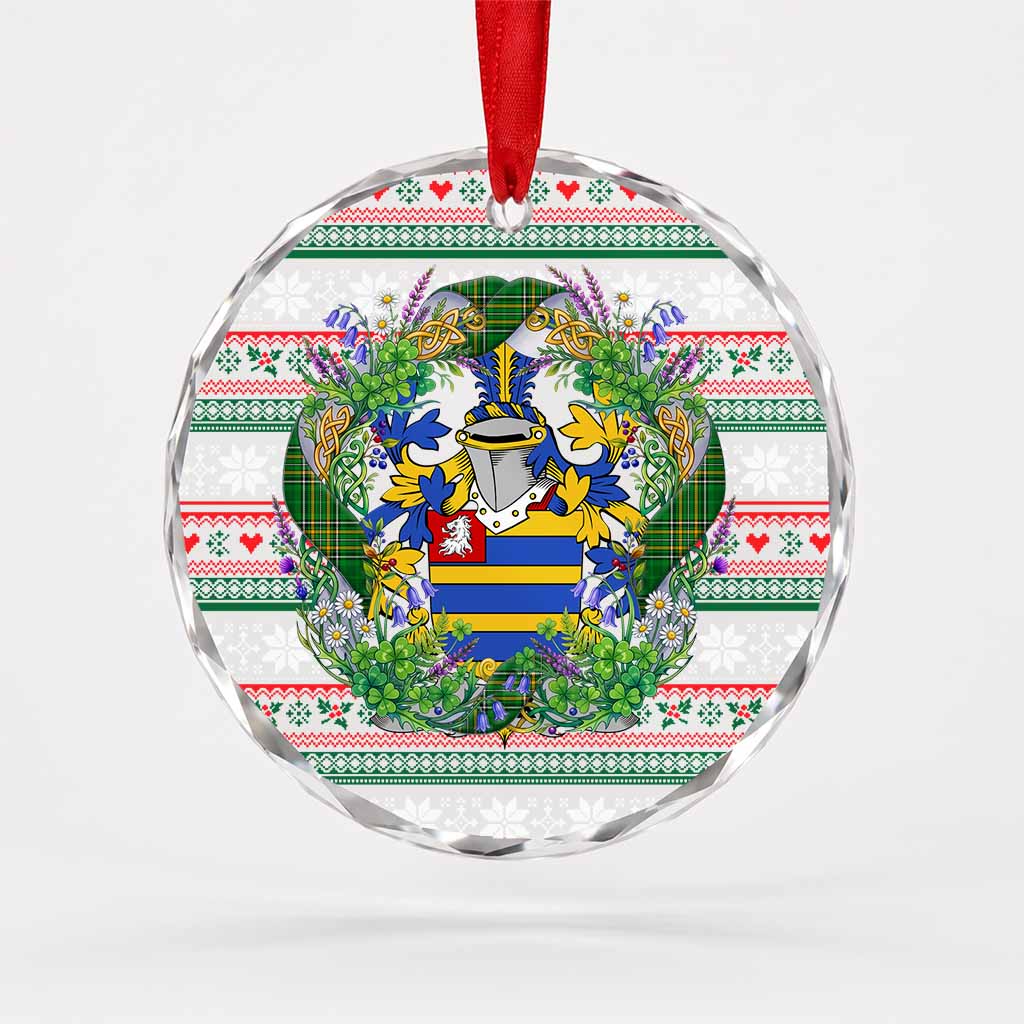 Cox Irish Tartan Crest Christmas Glass Circle Ornament Shamrock Flowers Wreath