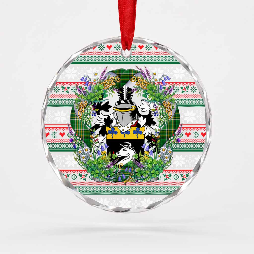 Boulger Irish Tartan Crest Christmas Glass Circle Ornament Shamrock Flowers Wreath