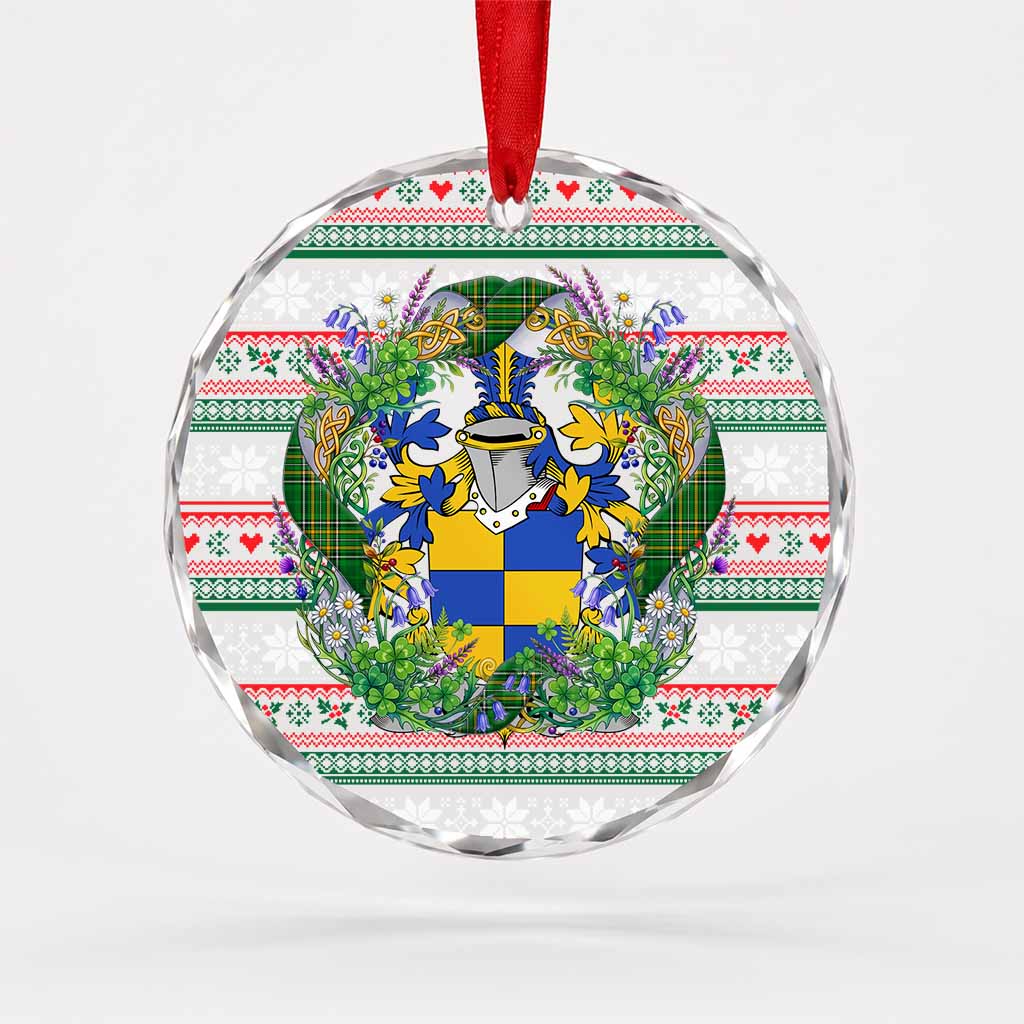 Cusack Irish Tartan Crest Christmas Glass Circle Ornament Shamrock Flowers Wreath