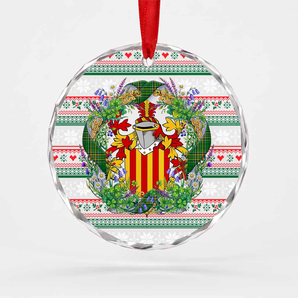 Bindon Irish Tartan Crest Christmas Glass Circle Ornament Shamrock Flowers Wreath