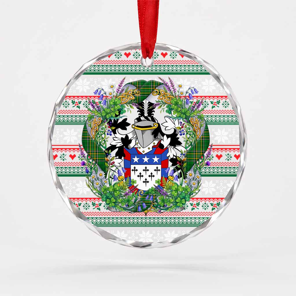 Clinton Irish Tartan Crest Christmas Glass Circle Ornament Shamrock Flowers Wreath