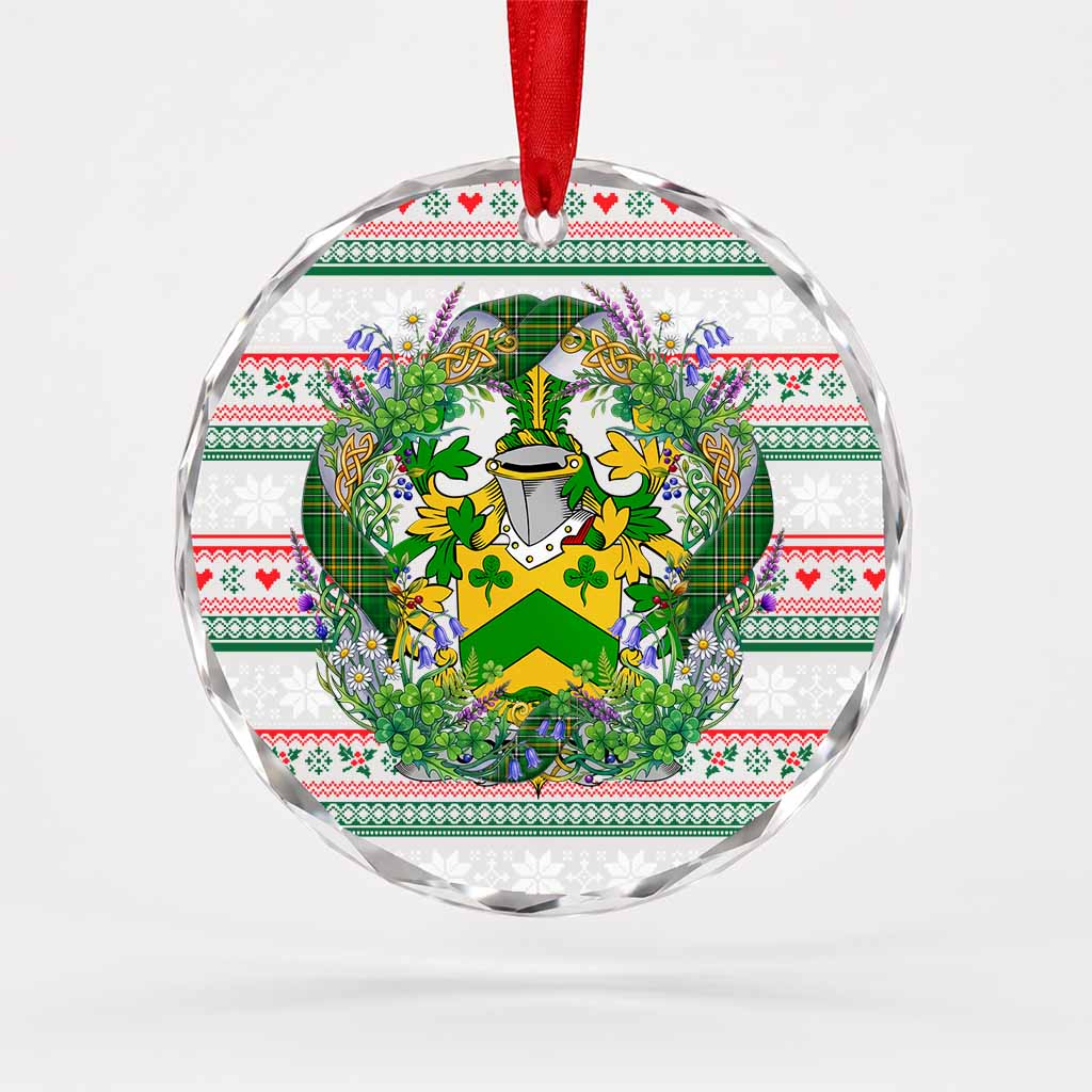 Corrigan Irish Tartan Crest Christmas Glass Circle Ornament Shamrock Flowers Wreath