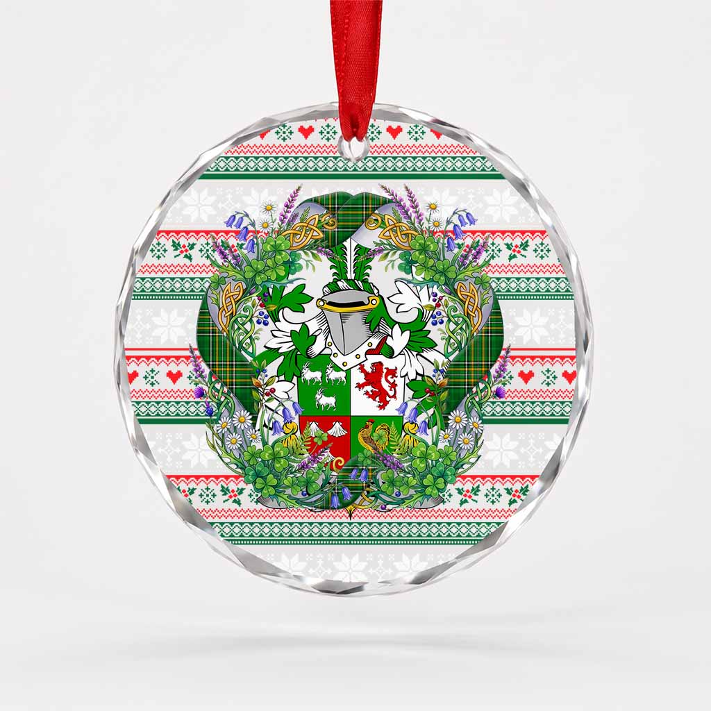 Conroy Green Irish Tartan Crest Christmas Glass Circle Ornament Shamrock Flowers Wreath