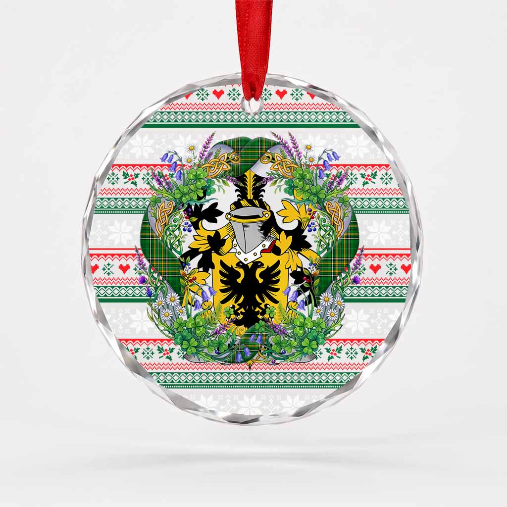 Browne Irish Tartan Crest Christmas Glass Circle Ornament Shamrock Flowers Wreath