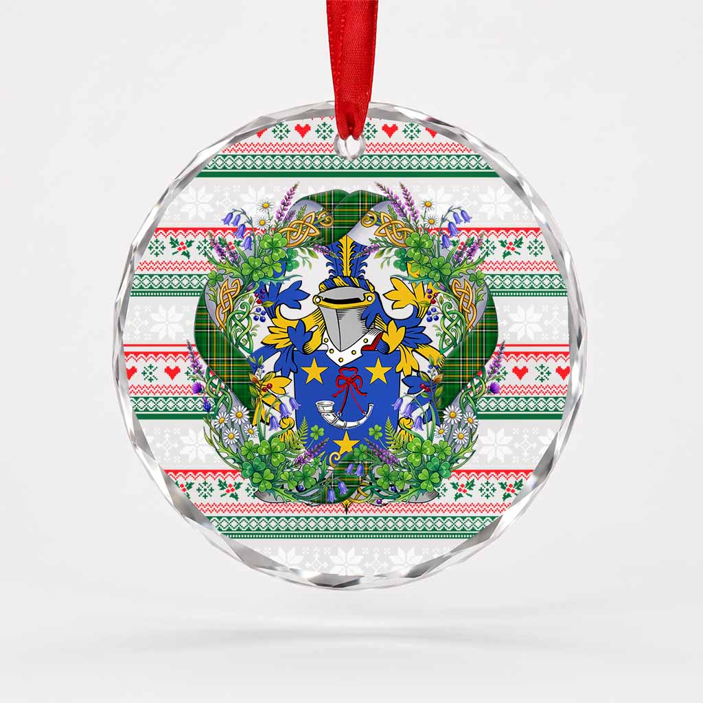 Comerford Irish Tartan Crest Christmas Glass Circle Ornament Shamrock Flowers Wreath
