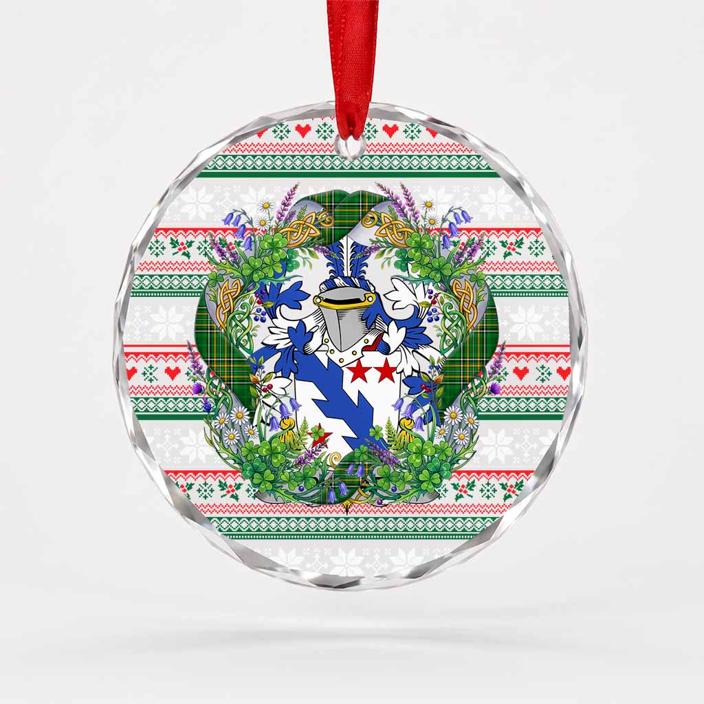 Biggar Irish Tartan Crest Christmas Glass Circle Ornament Shamrock Flowers Wreath