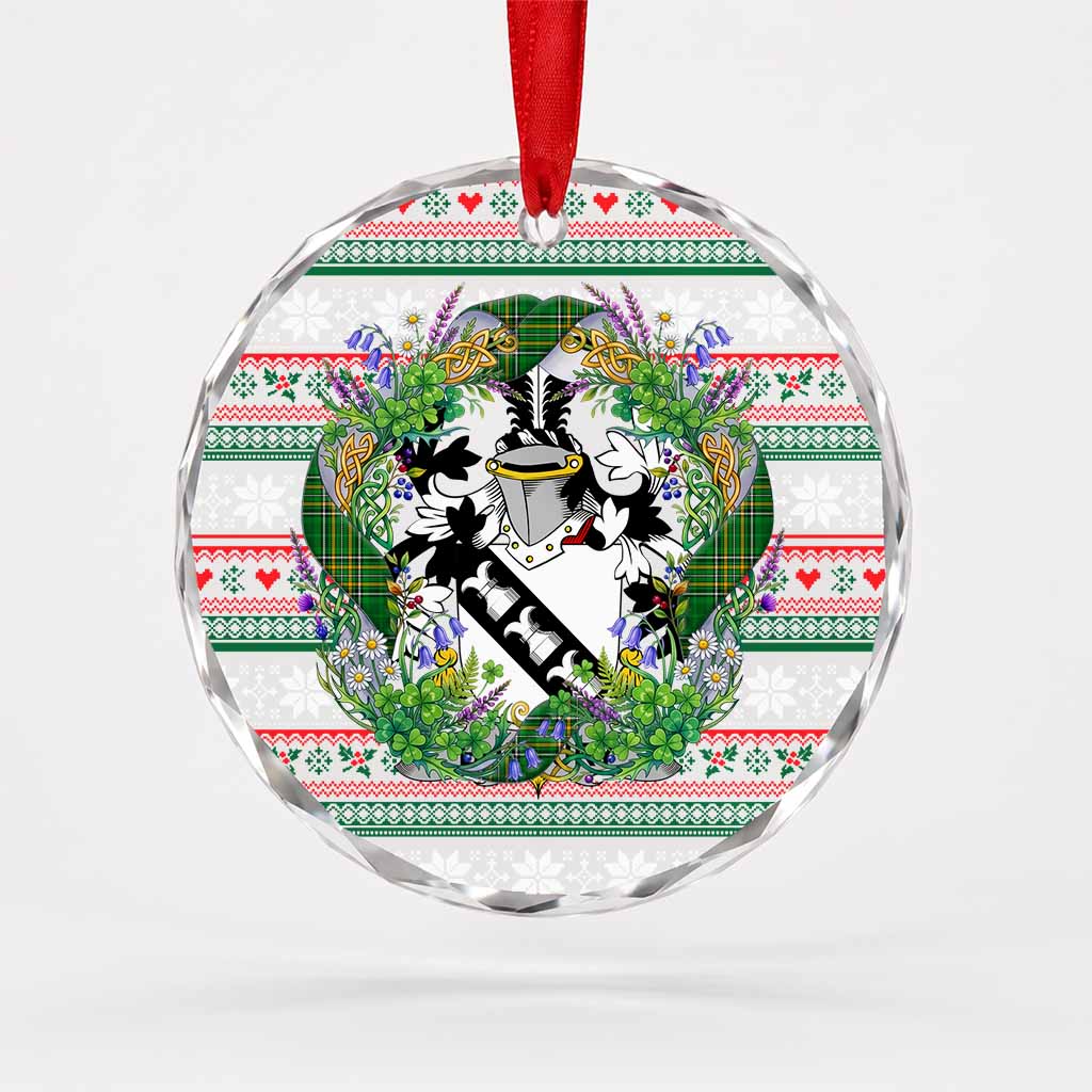 Bunbury Irish Tartan Crest Christmas Glass Circle Ornament Shamrock Flowers Wreath