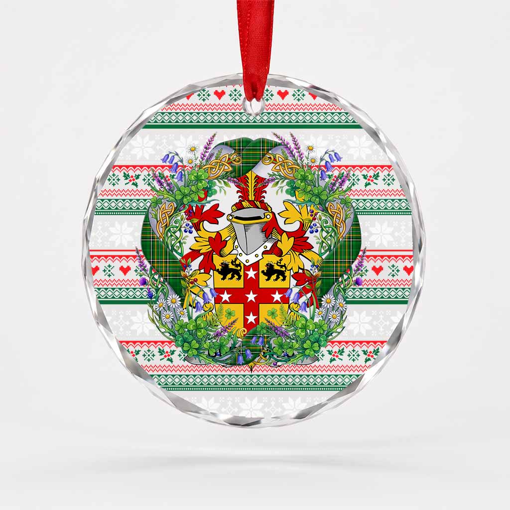 Burrowes Irish Tartan Crest Christmas Glass Circle Ornament Shamrock Flowers Wreath