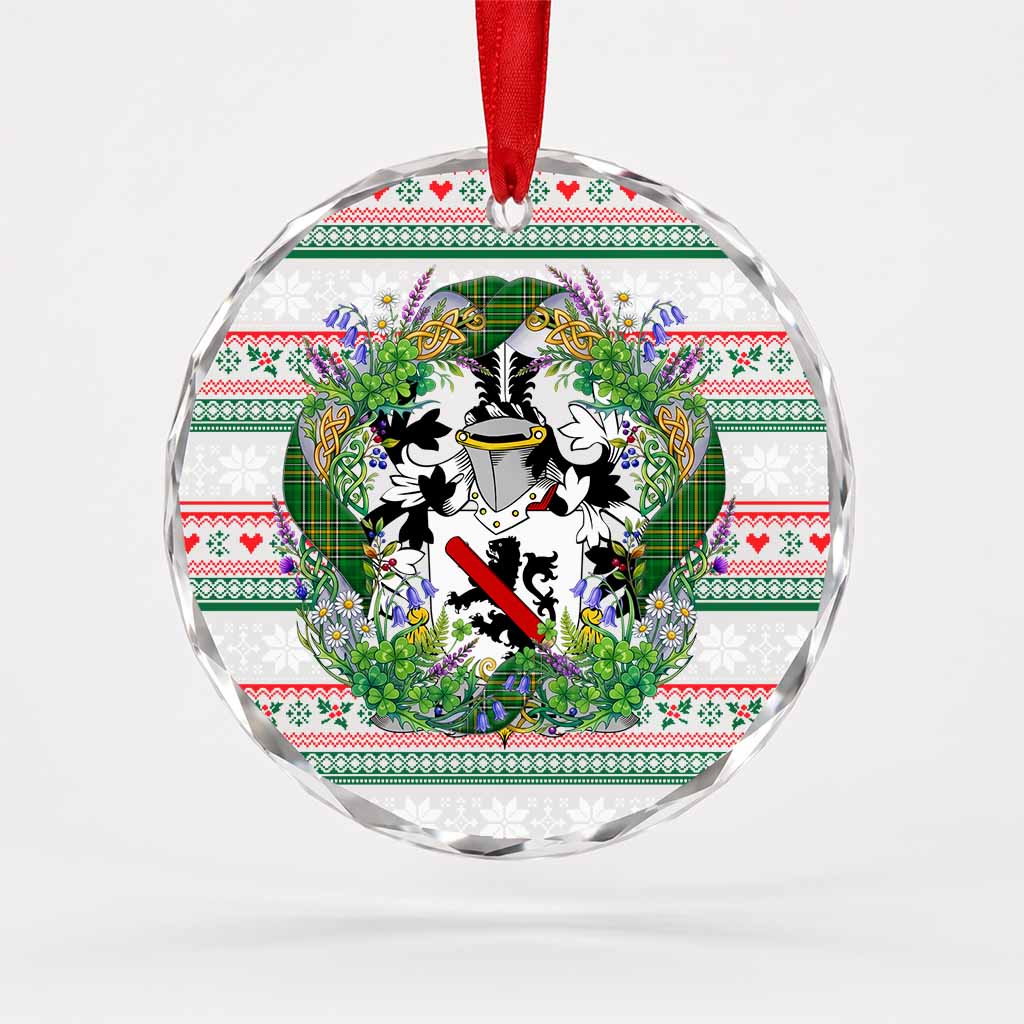 Burnell Irish Tartan Crest Christmas Glass Circle Ornament Shamrock Flowers Wreath