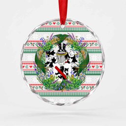 Burnell Irish Tartan Crest Christmas Glass Circle Ornament Shamrock Flowers Wreath
