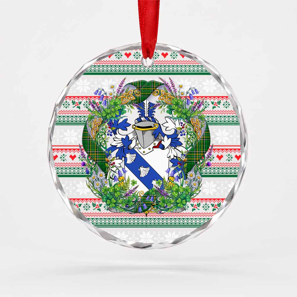 Bernard Irish Tartan Crest Christmas Glass Circle Ornament Shamrock Flowers Wreath