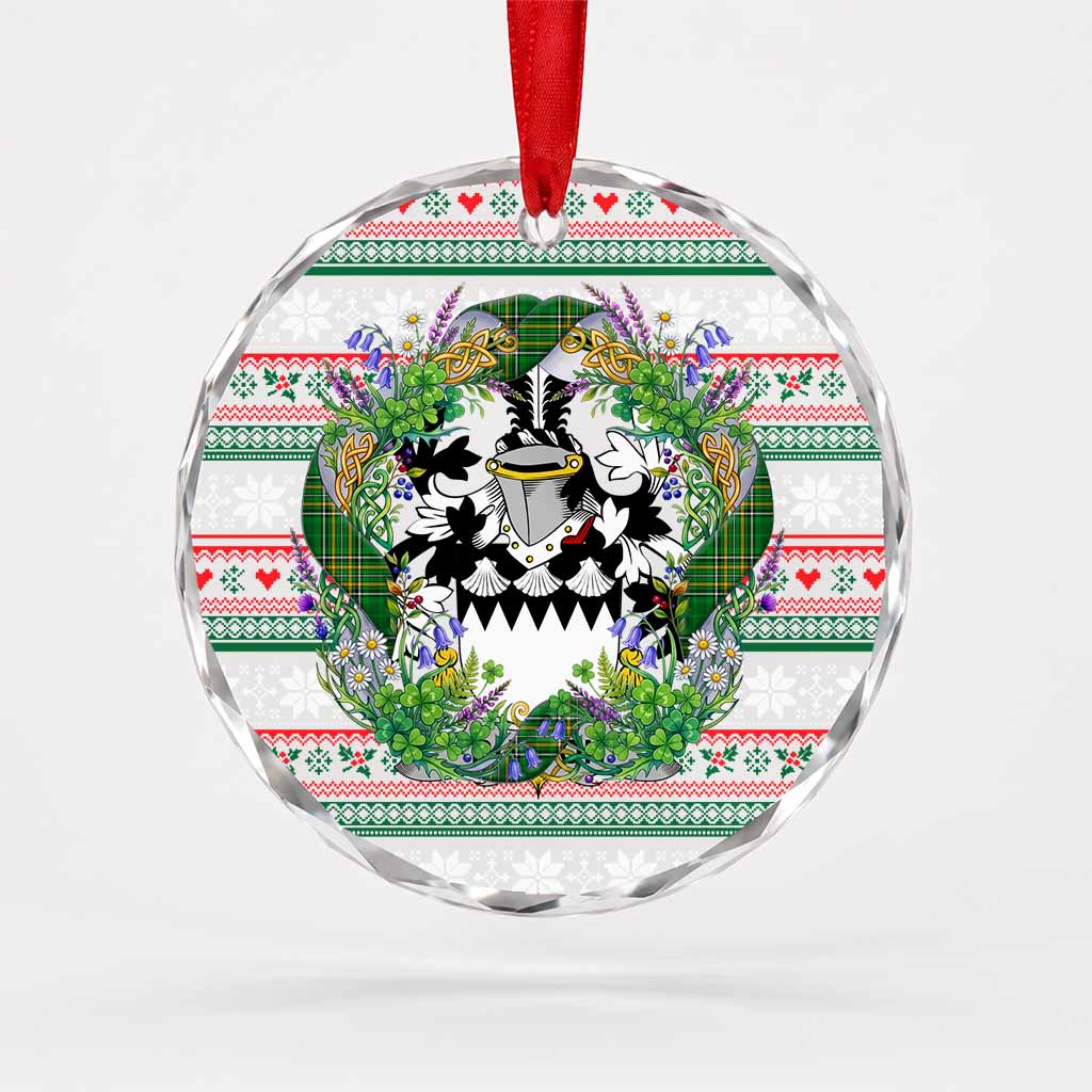Burton Irish Tartan Crest Christmas Glass Circle Ornament Shamrock Flowers Wreath
