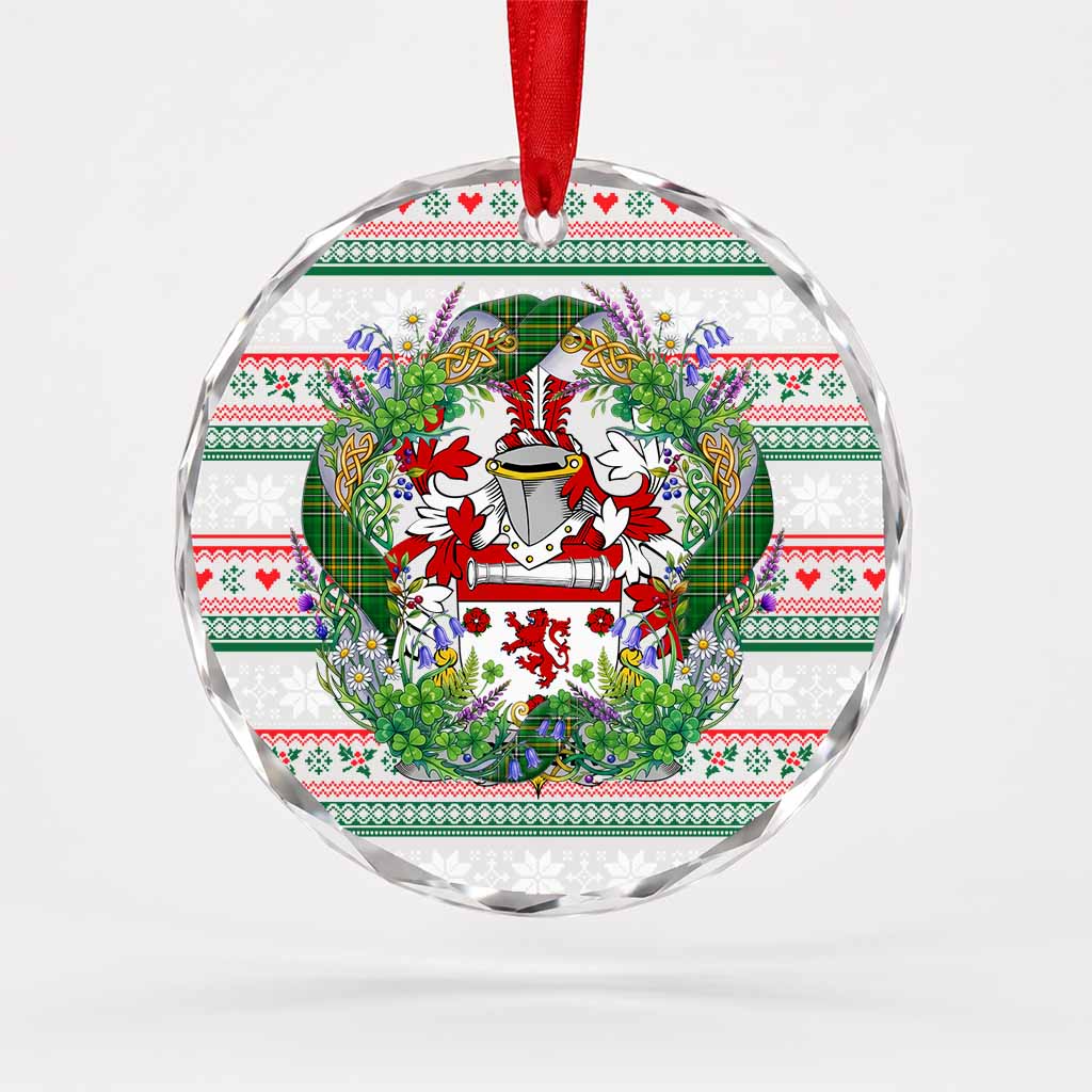 Bergin Irish Tartan Crest Christmas Glass Circle Ornament Shamrock Flowers Wreath