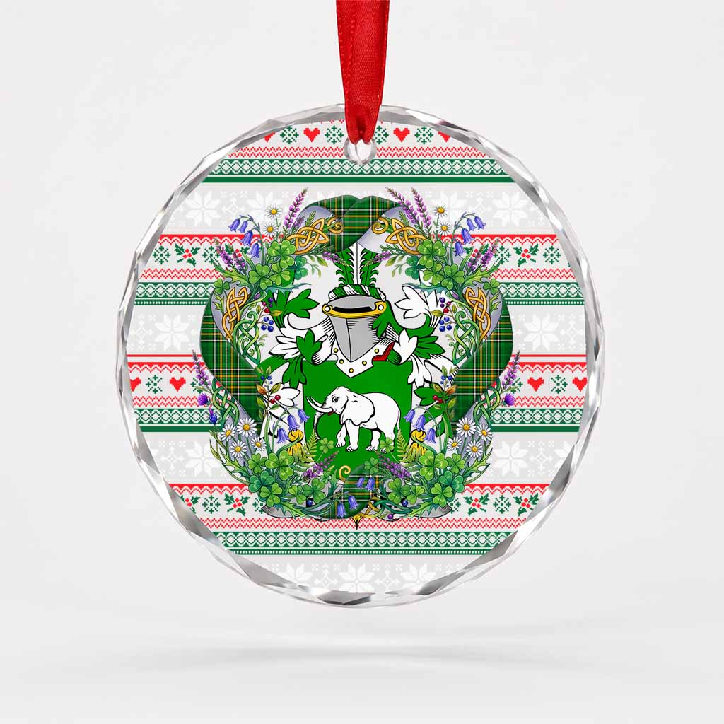 Butcher Irish Tartan Crest Christmas Glass Circle Ornament Shamrock Flowers Wreath