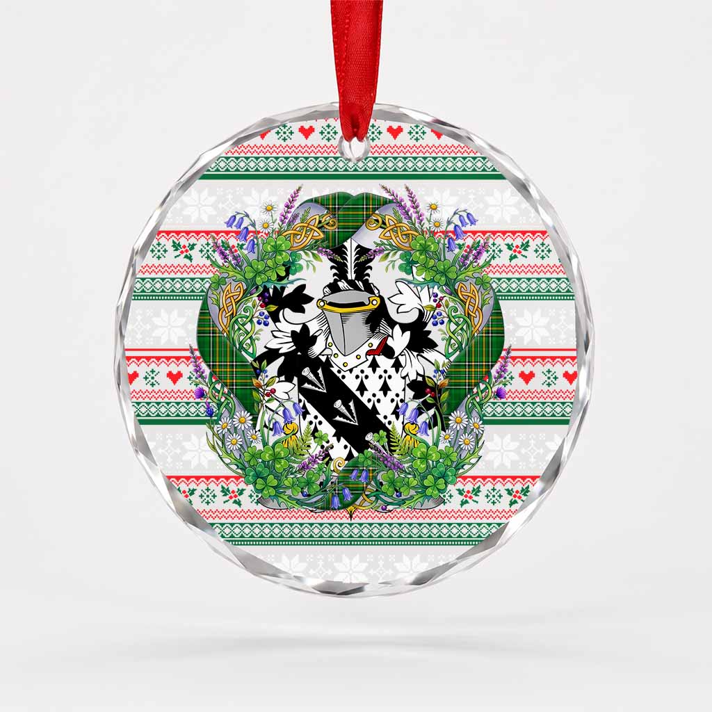 Carolan Irish Tartan Crest Christmas Glass Circle Ornament Shamrock Flowers Wreath