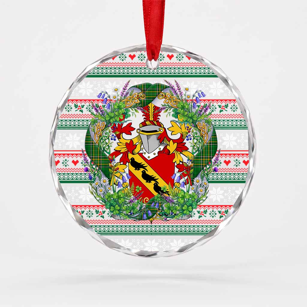 Brabazon Irish Tartan Crest Christmas Glass Circle Ornament Shamrock Flowers Wreath