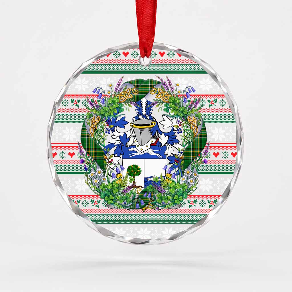 Coey Irish Tartan Crest Christmas Glass Circle Ornament Shamrock Flowers Wreath
