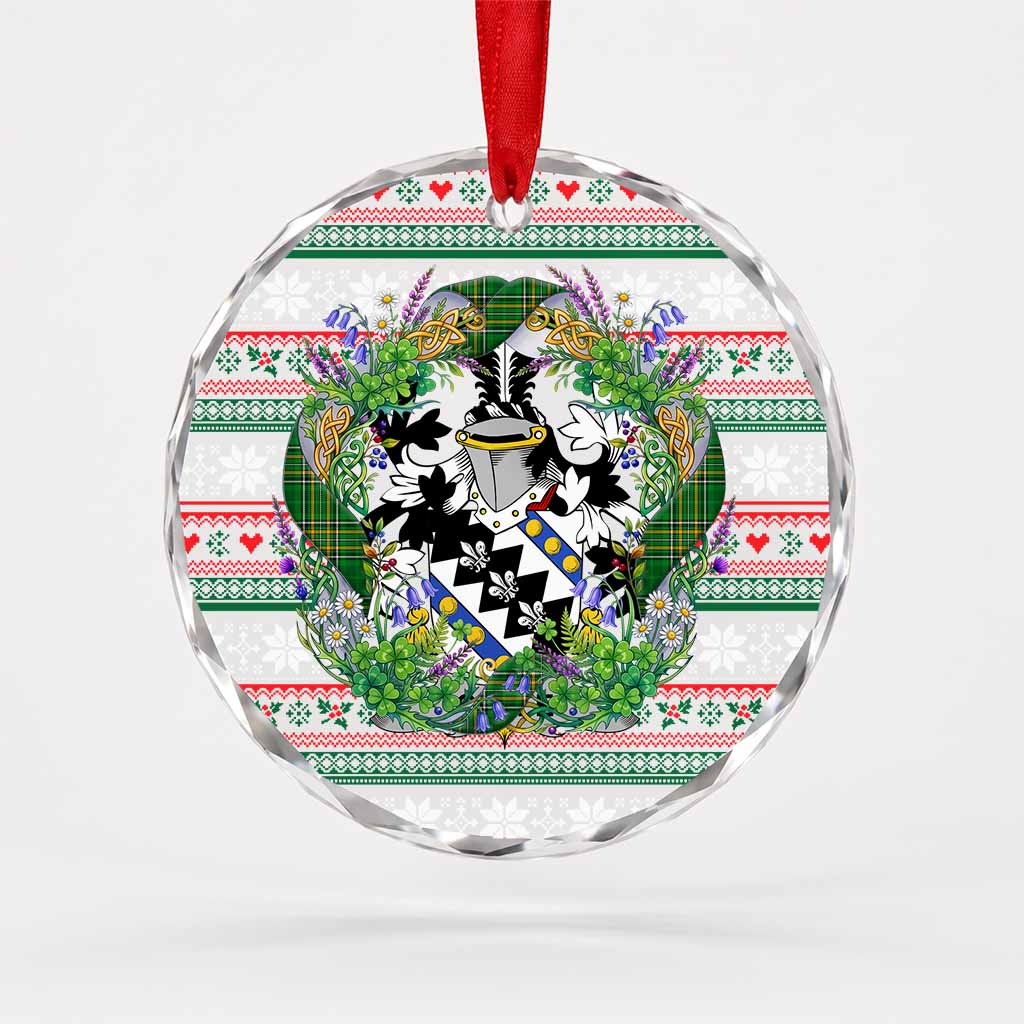 Cuffe Irish Tartan Crest Christmas Glass Circle Ornament Shamrock Flowers Wreath