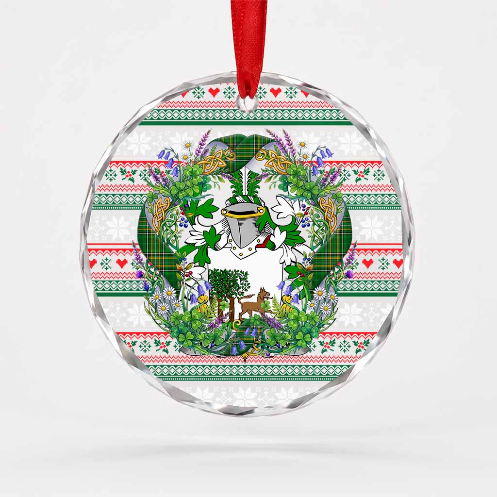 Callaghan Irish Tartan Crest Christmas Glass Circle Ornament Shamrock Flowers Wreath