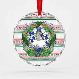 Cahill Irish Tartan Crest Christmas Glass Circle Ornament Shamrock Flowers Wreath