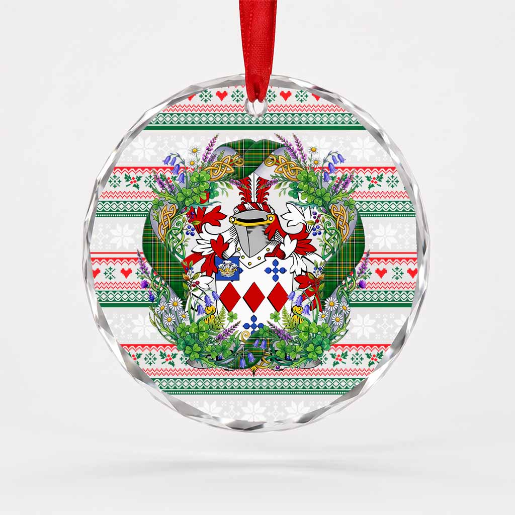 Bloomfield Irish Tartan Crest Christmas Glass Circle Ornament Shamrock Flowers Wreath