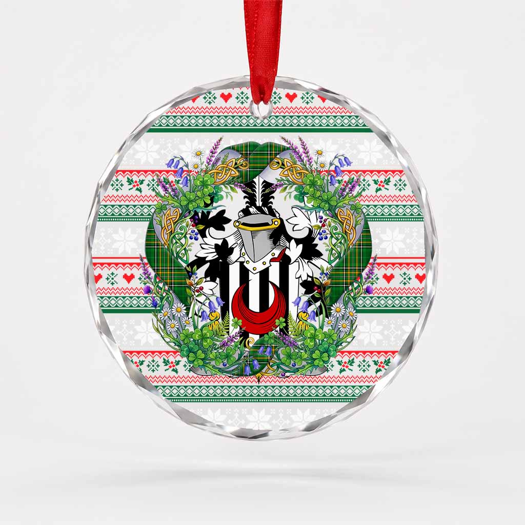 Foy Irish Tartan Crest Christmas Glass Circle Ornament Shamrock Flowers Wreath