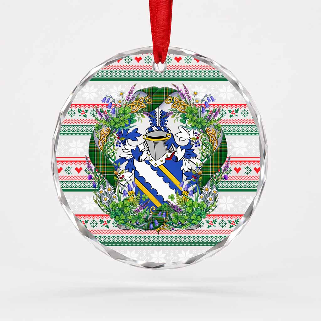 Fortescue Irish Tartan Crest Christmas Glass Circle Ornament Shamrock Flowers Wreath