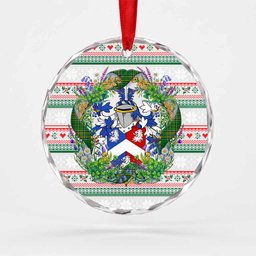 Halligan Irish Tartan Crest Christmas Glass Circle Ornament Shamrock Flowers Wreath