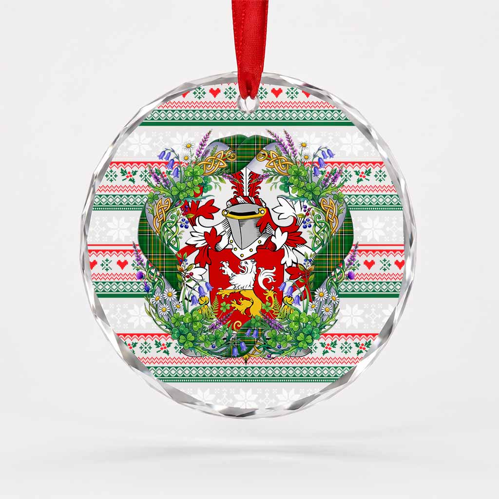 Grace Irish Tartan Crest Christmas Glass Circle Ornament Shamrock Flowers Wreath