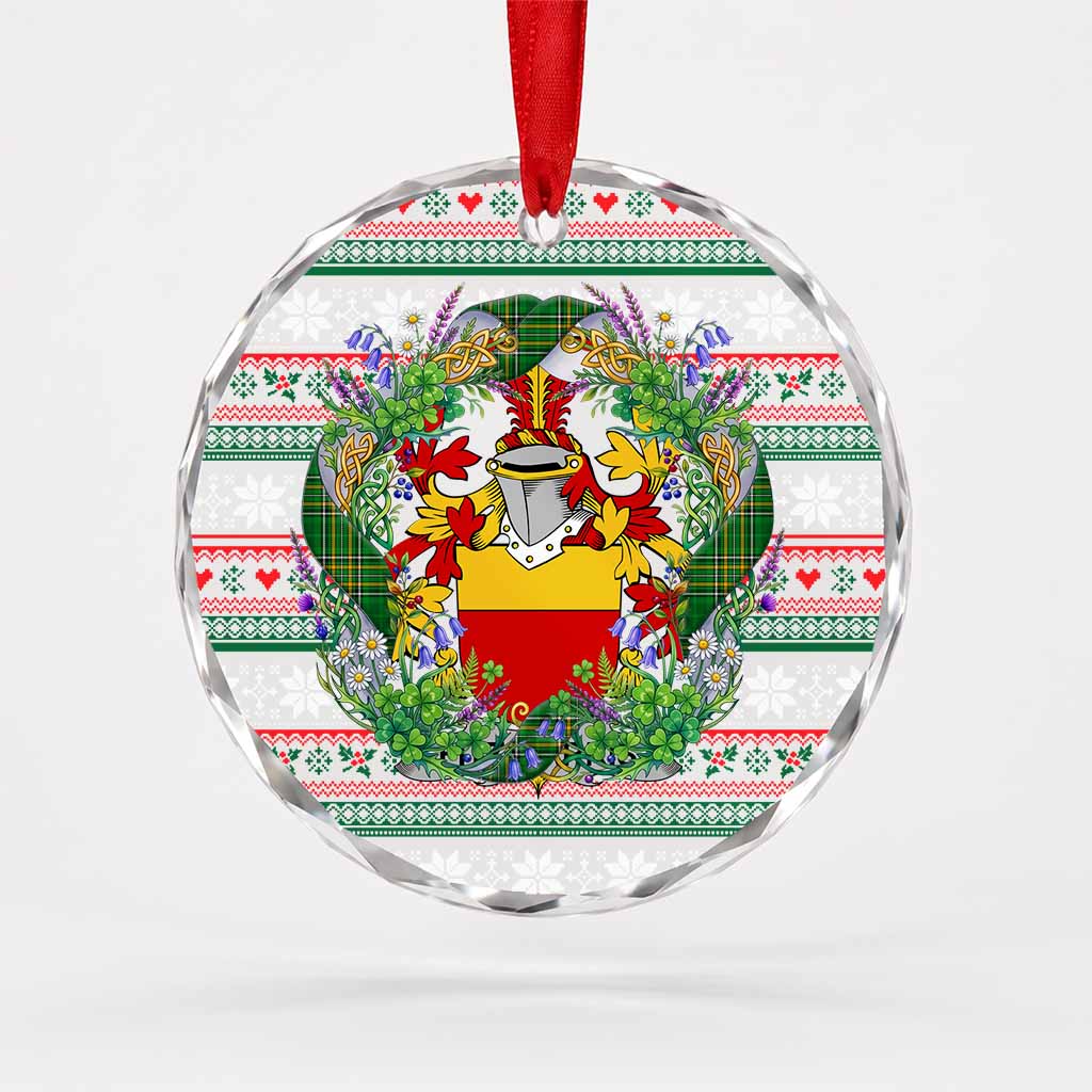 Fitz-Harris Irish Tartan Crest Christmas Glass Circle Ornament Shamrock Flowers Wreath