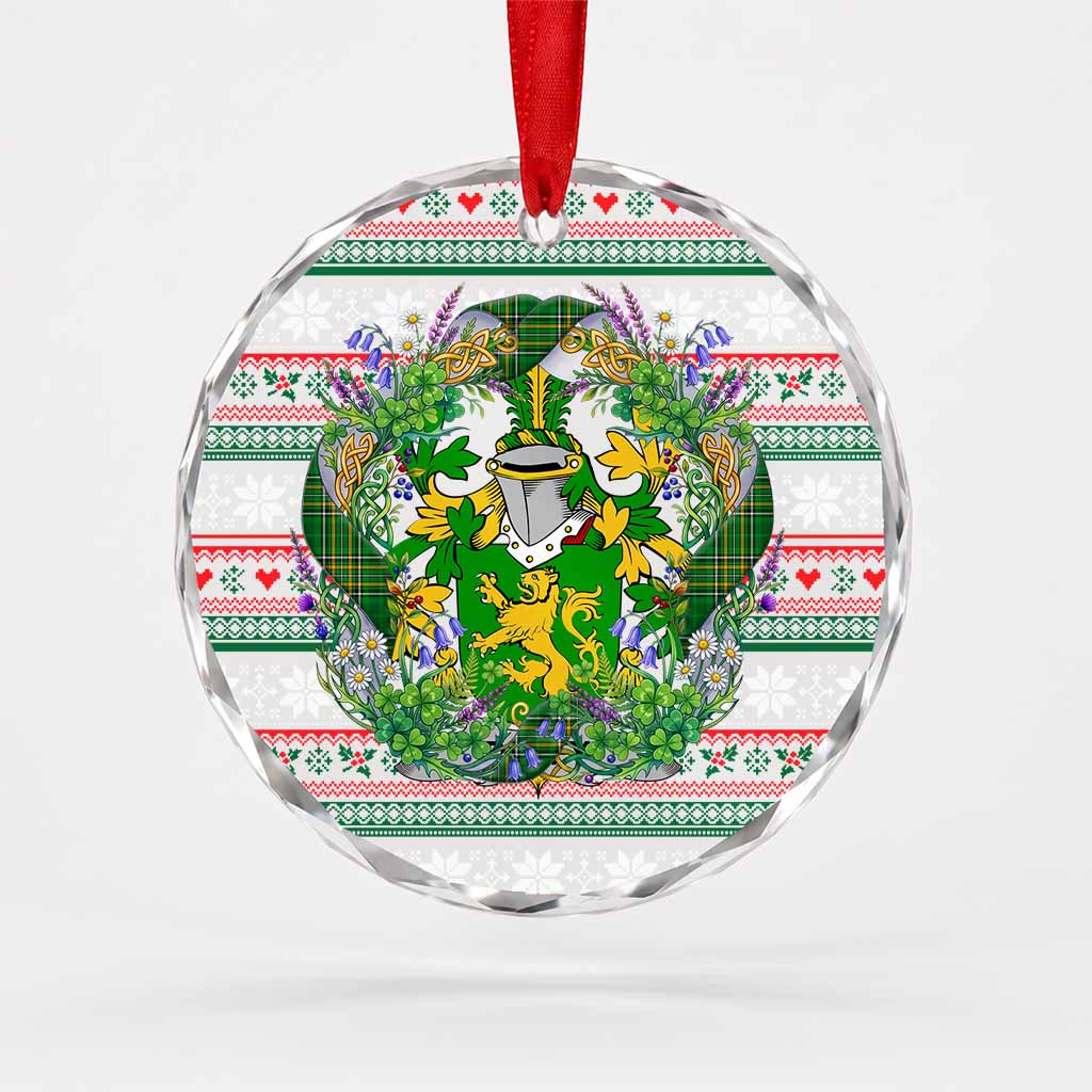 Duffy Irish Tartan Crest Christmas Glass Circle Ornament Shamrock Flowers Wreath