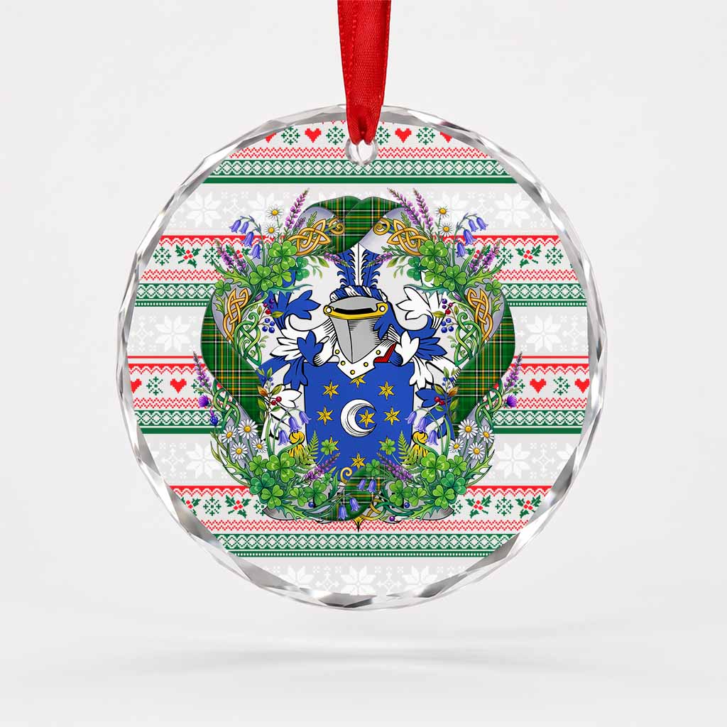 Duggan Irish Tartan Crest Christmas Glass Circle Ornament Shamrock Flowers Wreath