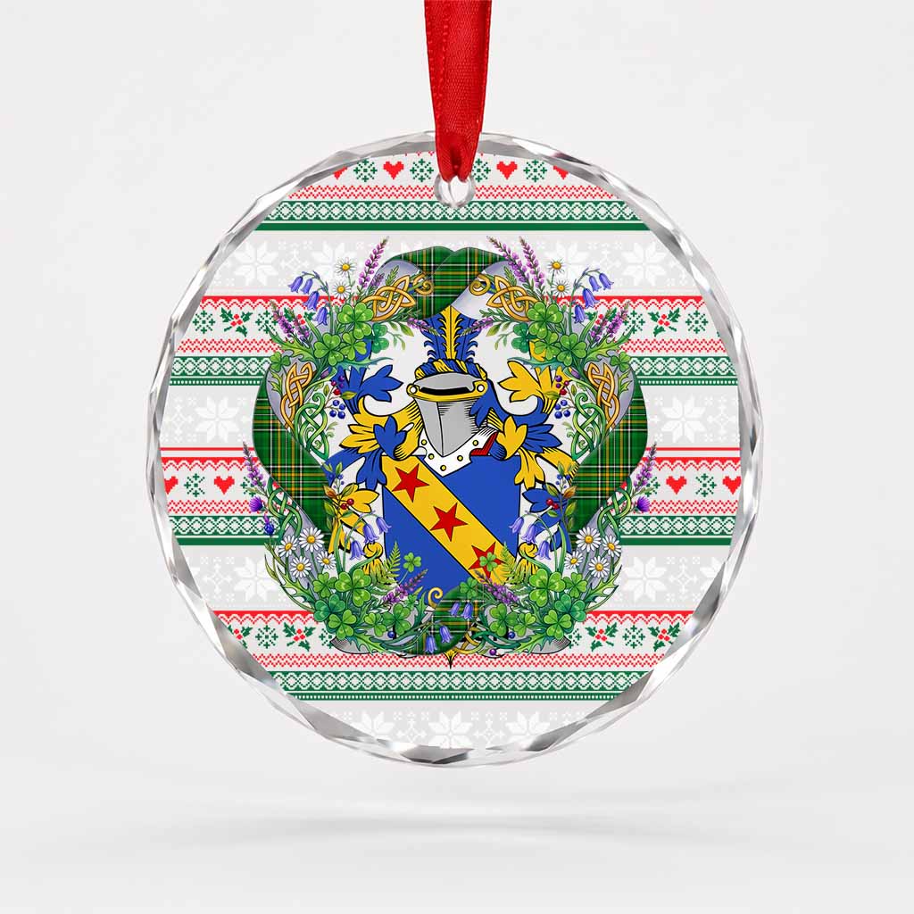 Dawson Irish Tartan Crest Christmas Glass Circle Ornament Shamrock Flowers Wreath