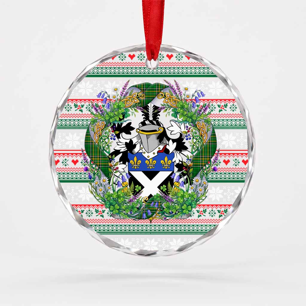 Fitz-Patrick Irish Tartan Crest Christmas Glass Circle Ornament Shamrock Flowers Wreath